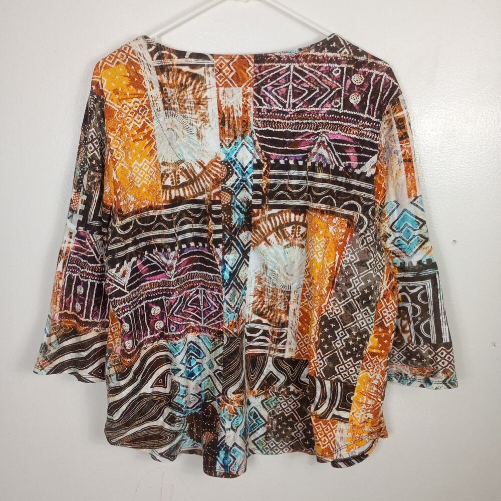 Chico’s Tribal Mixed Print Top Size 3 / XL 3/4 Sleeve Cotton Spring Boho - Picture 7 of 8